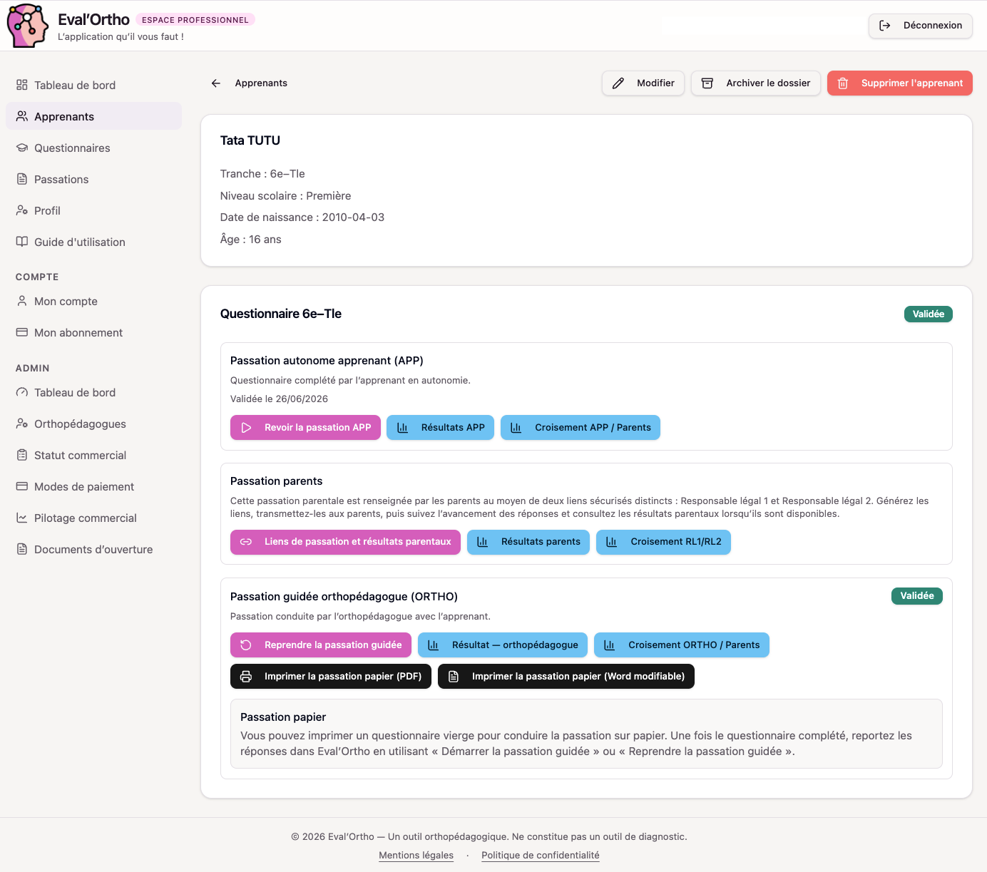 Interface Eval’Ortho montrant la fiche apprenant et les modalités de passation