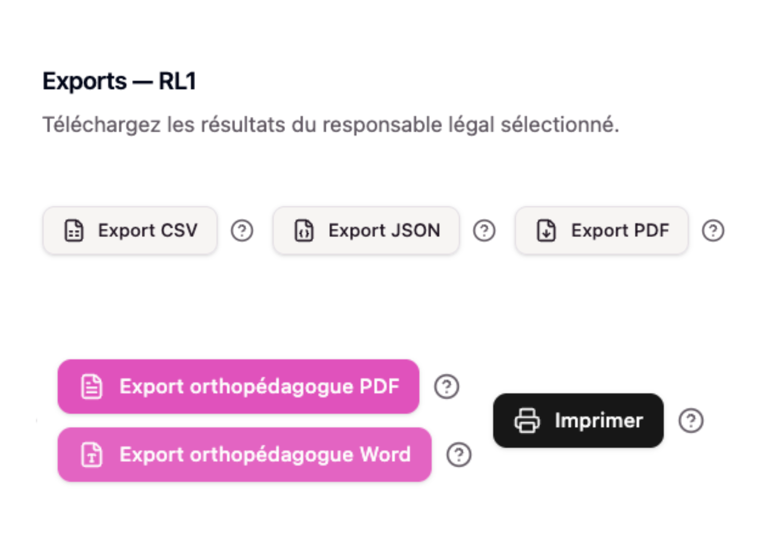 Exports disponibles en PDF, Word, CSV et JSON